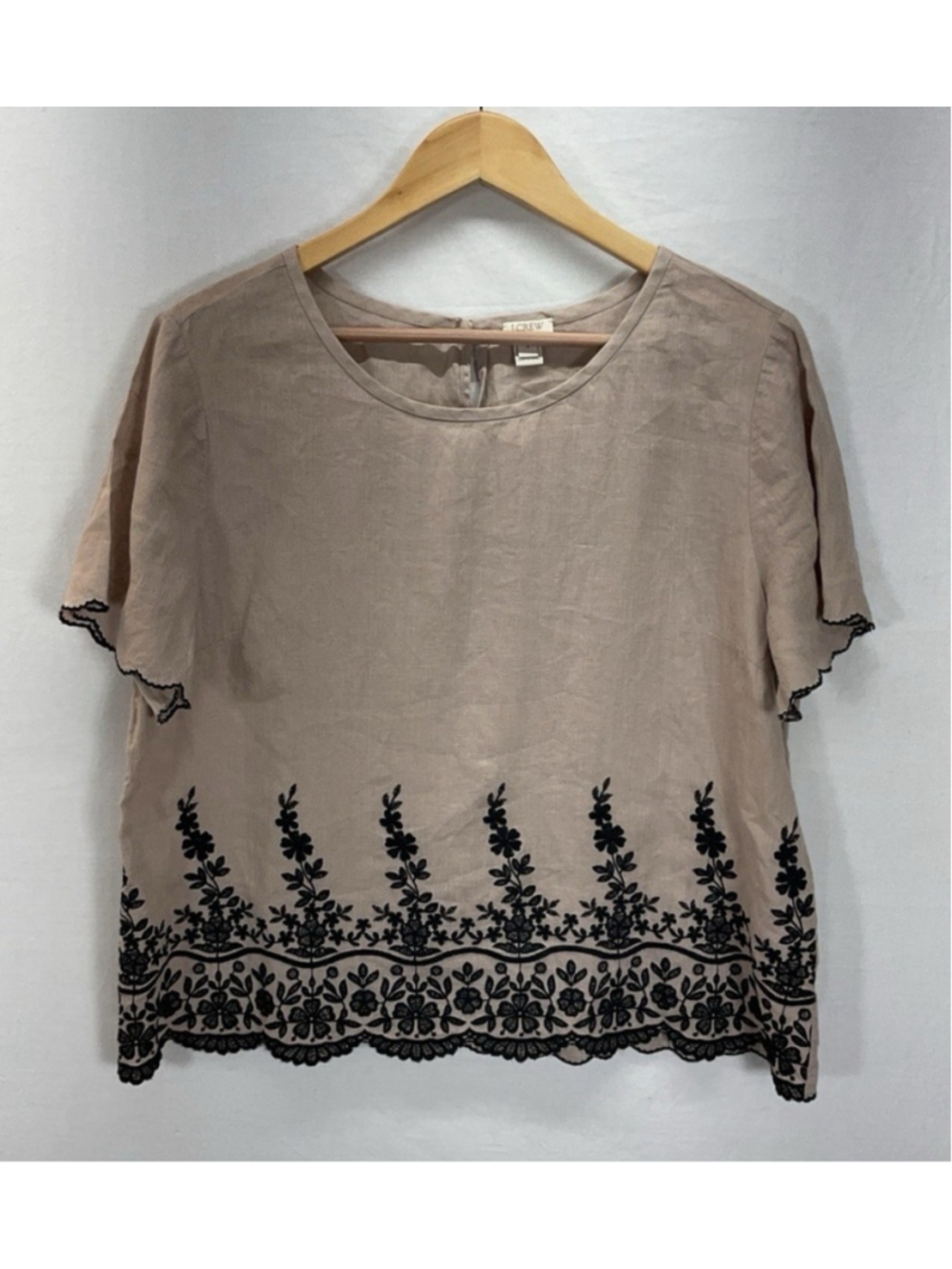 J Crew Shirt Women 2 Blouse Linen Embroidered Short Sleeve Lagenlook Floral Boho